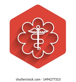 White line Emergency star - medical symbol Caduceus snake with stick icon isolated with long shadow. Star of Life. Red hexagon button. Vector Illustration