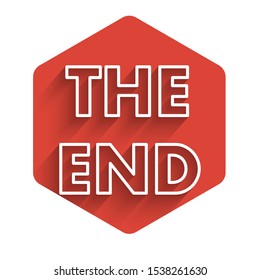 White line The End handwritten inscription icon isolated with long shadow. Closing movie frame. Movie ending screen. Red hexagon button. Vector Illustration