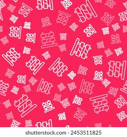 White line End of railway tracks icon isolated seamless pattern on red background. Stop sign. Railroad buffer end to destination.  Vector