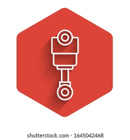White Line Engine Kolben Symbol einzeln auf langem Hintergrund. Kolbenschild für Automotoren. Roter Hexagon-Knopf. Vektorillustration-Illustration