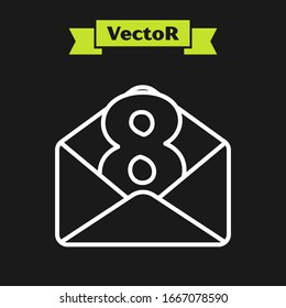 White line Envelope with 8 March icon isolated on black background. Message love. Letter love and romance. International Happy Women Day.  Vector Illustration