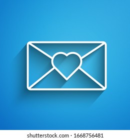 White line Envelope with 8 March icon isolated on blue background. Message love. Letter love and romance. International Happy Women Day. Long shadow. Vector Illustration