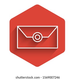 White line Envelope with christmas party invitation card icon isolated with long shadow. Merry Christmas and Happy New Year. Red hexagon button. Vector Illustration