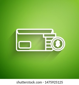 White line Envelope with coin dollar symbol icon isolated on green background. Salary increase, money payroll, compensation income concept.  Vector Illustration