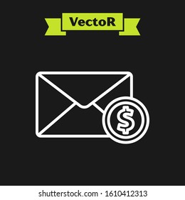 White line Envelope with coin dollar symbol icon isolated on black background. Salary increase, money payroll, compensation income.  Vector Illustration