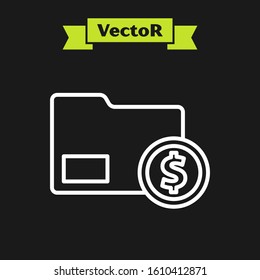White line Envelope with coin dollar symbol icon isolated on black background. Salary increase, money payroll, compensation income.  Vector Illustration