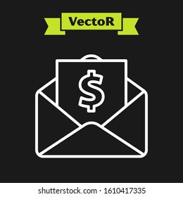 White line Envelope with coin dollar symbol icon isolated on black background. Salary increase  income.  Vector Illustration