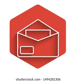 White line Envelope icon isolated with long shadow. Email message letter symbol. Red hexagon button. Vector Illustration