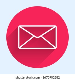 White line Envelope icon isolated with long shadow. Email message letter symbol. Red circle button. Vector Illustration