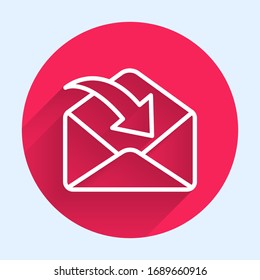 Icono sobre línea blanca aislado con una sombra larga. Concepto de mensaje recibido. Nuevo mensaje entrante de correo electrónico, sms. Servicio de entrega de correo. Botón de círculo rojo. Ilustración vectorial