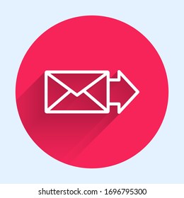 White line Envelope icon isolated with long shadow. Email message letter symbol. Red circle button. Vector Illustration