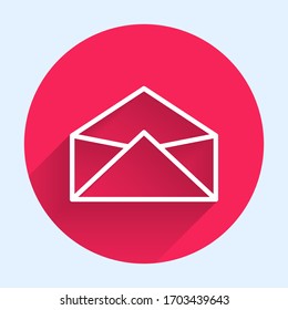 White line Envelope icon isolated with long shadow. Email message letter symbol. Red circle button. Vector Illustration