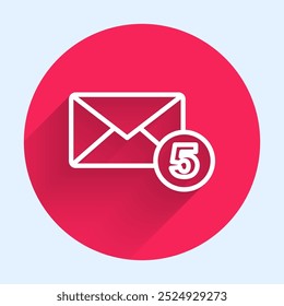 White line Envelope icon isolated with long shadow. Received message concept. New, email incoming message, sms. Mail delivery service. Red circle button. Vector