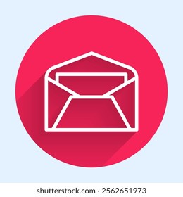White line Envelope icon isolated with long shadow. Email message letter symbol. Red circle button. Vector Illustration