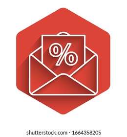 White line Envelope with an interest discount from the store icon isolated with long shadow. Red hexagon button. Vector Illustration