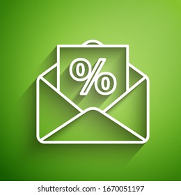 White line Envelope with an interest discount from the store icon isolated on green background.  Vector Illustration