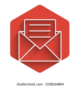 White line Envelope with invitation card icon isolated with long shadow. Red hexagon button. Vector Illustration
