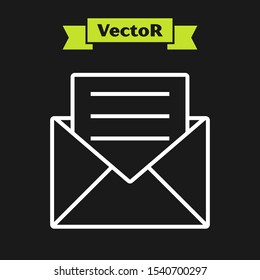 White line Envelope with invitation card icon isolated on black background.  Vector Illustration