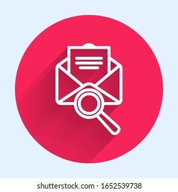 White line Envelope mail with magnifying glass icon isolated with long shadow. Red circle button. Vector Illustration