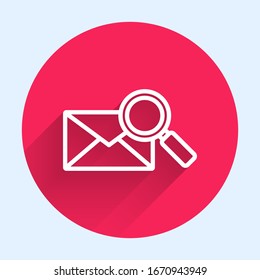 White line Envelope mail with magnifying glass icon isolated with long shadow. Red circle button. Vector Illustration