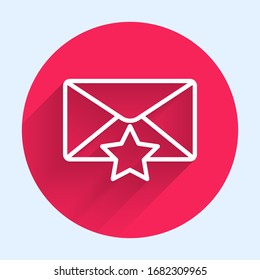 White line Envelope with star icon isolated with long shadow. Important email, add to favourite icon. Starred message mail. Red circle button. Vector Illustration