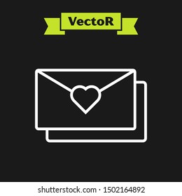 White line Envelope with Valentine heart icon isolated on black background. Message love. Letter love and romance.  Vector Illustration