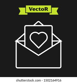 White line Envelope with Valentine heart icon isolated on black background. Message love. Letter love and romance.  Vector Illustration
