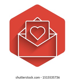 White line Envelope with Valentine heart icon isolated with long shadow. Message love. Letter love and romance. Red hexagon button. Vector Illustration White line Envelope with Valentine heart icon isolated with long shadow. Message love. Letter love and romance. Red hexagon button. Vector Illustration