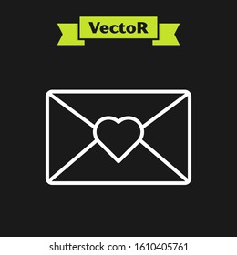 White line Envelope with Valentine heart icon isolated on black background. Message love. Letter love and romance.  Vector Illustration