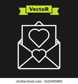 White line Envelope with Valentine heart icon isolated on black background. Message love. Letter love and romance.  Vector Illustration