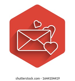 White line Envelope with Valentine heart icon isolated with long shadow. Message love. Letter love and romance. Red hexagon button. Vector Illustration