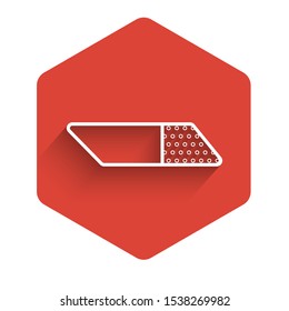 White line Eraser or rubber icon isolated with long shadow. Red hexagon button. Vector Illustration