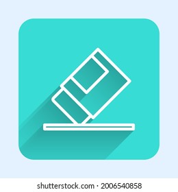 White line Eraser or rubber icon isolated with long shadow. Green square button. Vector