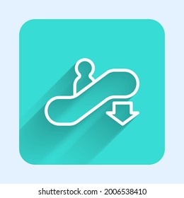 White line Escalator down icon isolated with long shadow background. Green square button. Vector
