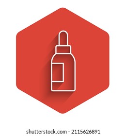 White line Essential oil bottle icon isolated with long shadow. Organic aromatherapy essence. Skin care serum glass drop package. Red hexagon button. Vector