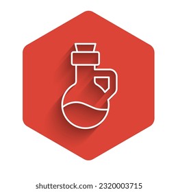 Línea blanca Icono de botella de aceite esencial aislado con una sombra larga. Esencia de aromaterapia orgánica. Envase de gota de vidrio sérico para cuidado de la piel. Botón hexágono rojo. Vector