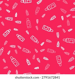 White line Essential oil bottle icon isolated seamless pattern on red background. Organic aromatherapy essence. Skin care serum glass drop package.  Vector