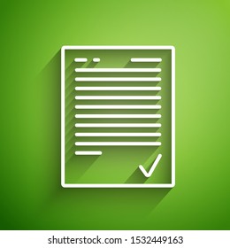 White line Exam sheet with check mark icon isolated on green background. Test paper, exam, or survey concept. School test or exam.  Vector Illustration