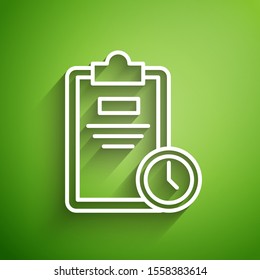 White line Exam sheet with clock icon isolated on green background. Test paper, exam, or survey concept. School test or exam.  Vector Illustration