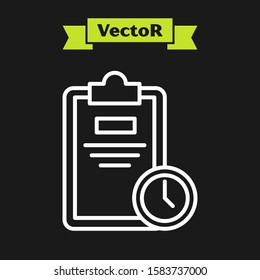 White line Exam sheet with clock icon isolated on black background. Test paper, exam, or survey concept. School test or exam.  Vector Illustration