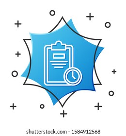White line Exam sheet with clock icon isolated on white background. Test paper, exam, or survey concept. School test or exam. Blue hexagon button. Vector Illustration