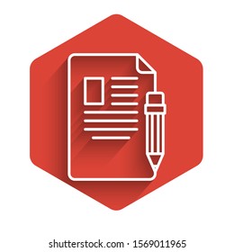 White line Exam sheet and pencil with eraser icon isolated with long shadow. Test paper, exam, or survey concept. School test or exam. Red hexagon button. Vector Illustration