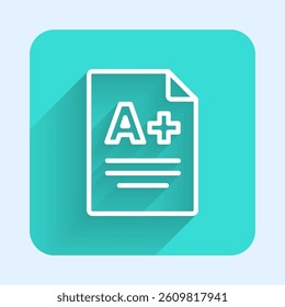 White line Exam sheet with A plus grade icon isolated with long shadow. Test paper, exam, or survey concept. School test or exam. Green square button. Vector