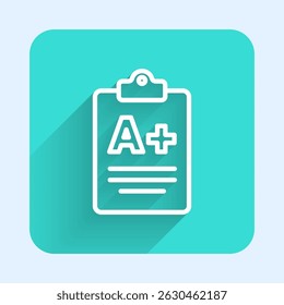 White line Exam sheet with A plus grade icon isolated with long shadow. Test paper, exam, or survey concept. School test or exam. Green square button. Vector