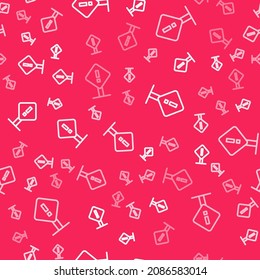White line Exclamation mark in square frame icon isolated seamless pattern on red background. Hazard warning sign, careful, attention, danger warning important sign.  Vector