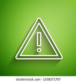 White line Exclamation mark in triangle icon isolated on green background. Hazard warning sign, careful, attention, danger warning important sign.  Vector Illustration