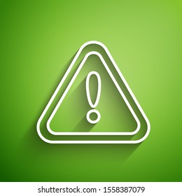 White line Exclamation mark in triangle icon isolated on green background. Hazard warning sign, careful, attention, danger warning important sign.  Vector Illustration