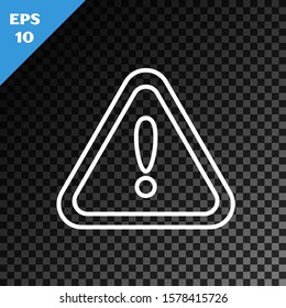 White line Exclamation mark in triangle icon isolated on transparent dark background. Hazard warning sign, careful, attention, danger warning important sign.  Vector Illustration