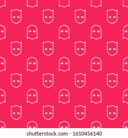 White line Executioner mask icon isolated seamless pattern on red background. Hangman, torturer, executor, tormentor, butcher, headsman icon.  Vector Illustration