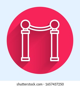 White line Exhibition of paintings icon isolated with long shadow. Picture gallery. Red circle button. Vector Illustration